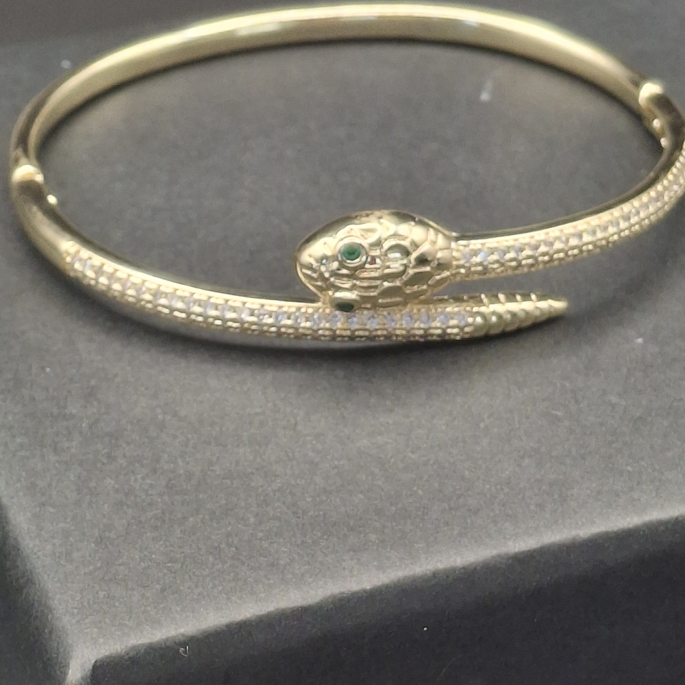 Gold Snake Head Bangle Bracelet with Green Stone Eyes - Women Jewelry